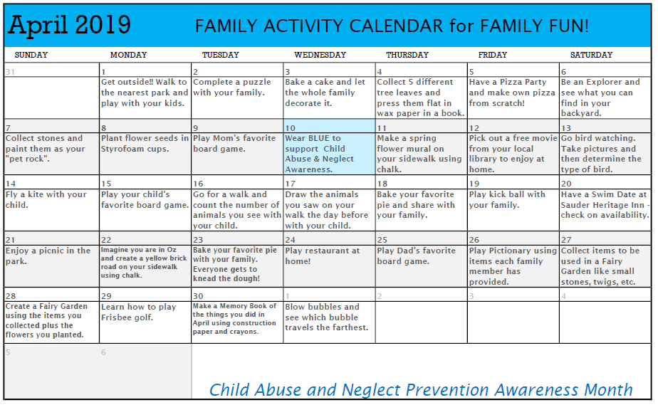 April Activity Calendar 2019